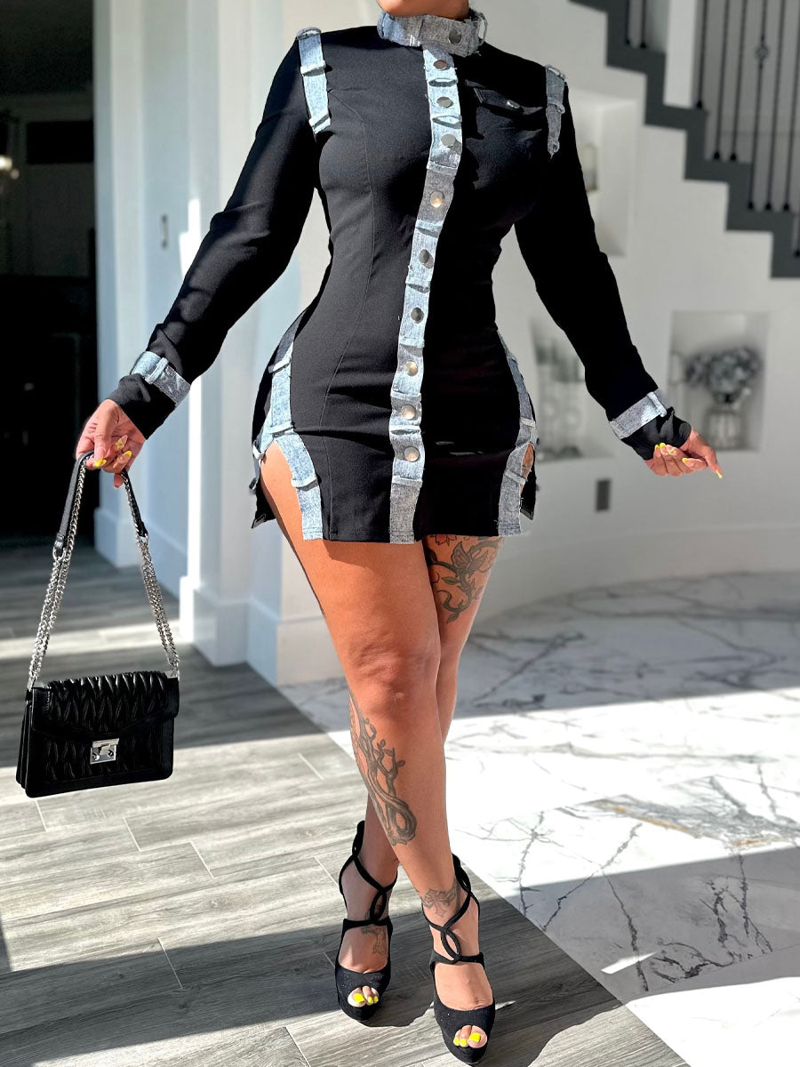 Denim Patchwork Stretch Mini Dress