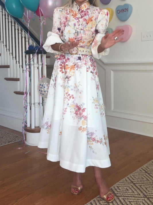 Placement Print Stand Collar Elegant Dress