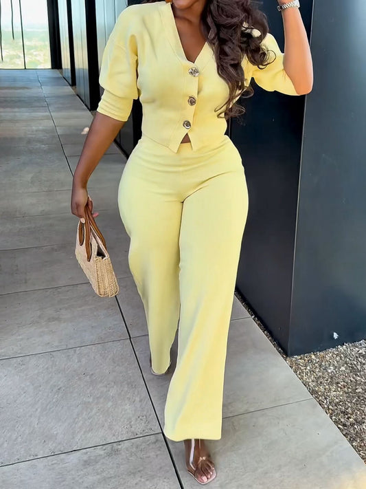 Button Up V Neck Two Pieces Set