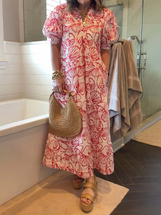 V-neck Print Puff Sleeve Dress