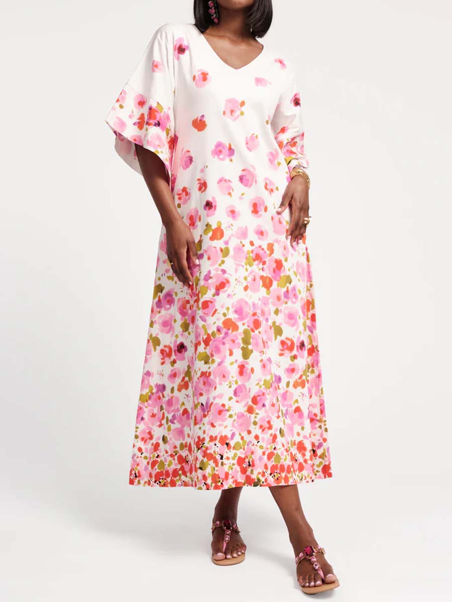 Printed V Neck Loose Maxi Dress