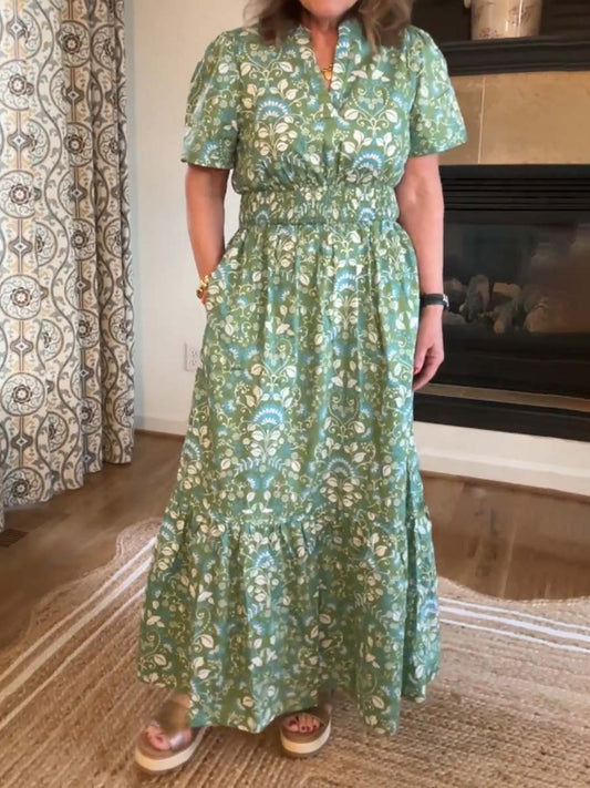 Split Neck Smocked Waist Printed Dress