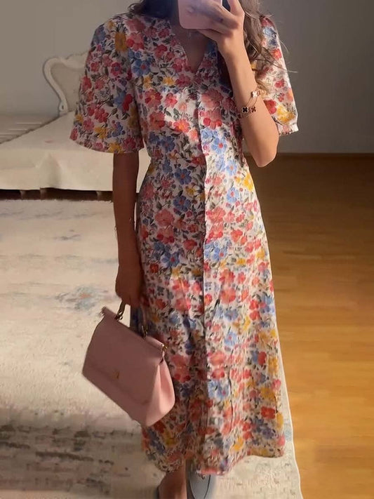 Floral Print V Neck Midi Dress