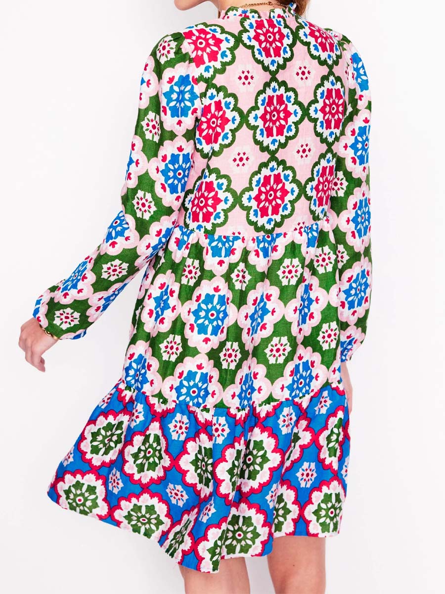 Split Neck Printed Long Sleeve Dress