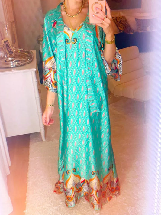 Fashion Printed Bow Loose Maxi Dress