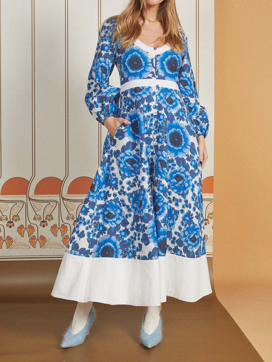 Scoop Neck Long Sleeve Printed Maxi Dress