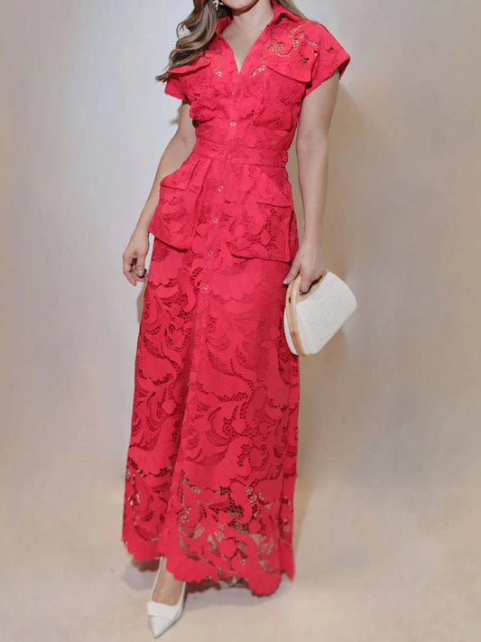 Elegant Lace Pockets Maxi Dress