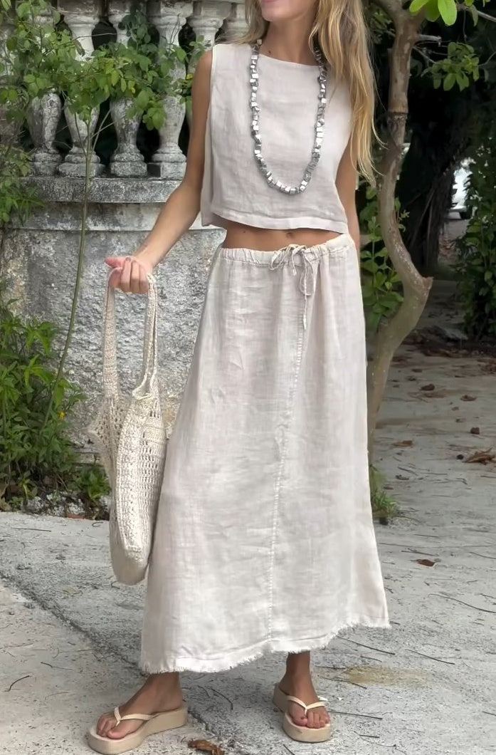 Linen Square Neck Women's Sleeveless Two Piece Set