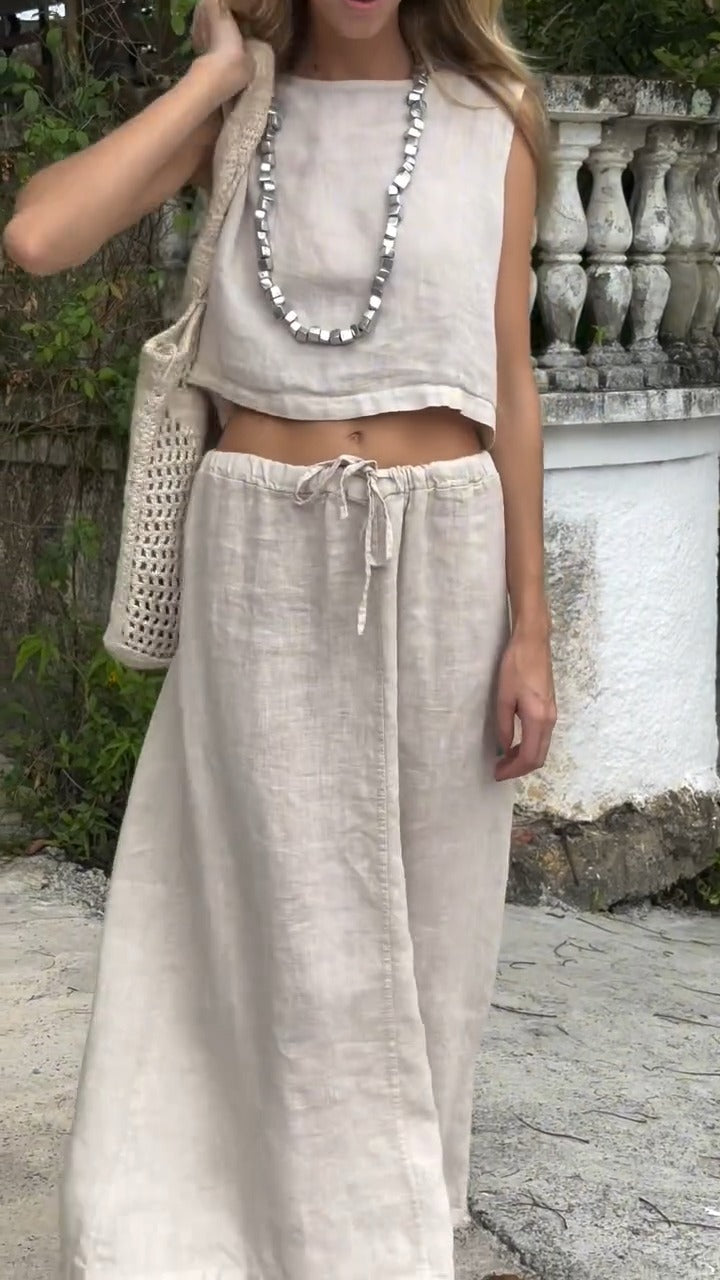 Linen Square Neck Women's Sleeveless Two Piece Set