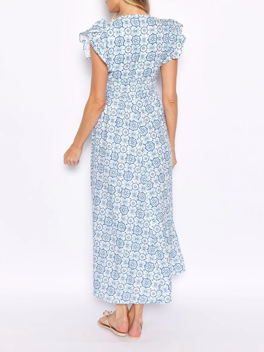 V-Neck Printed Ruffle Sleeve Dress