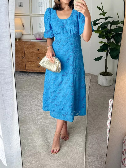 Bubble Sleeve High Waist Lace Dress