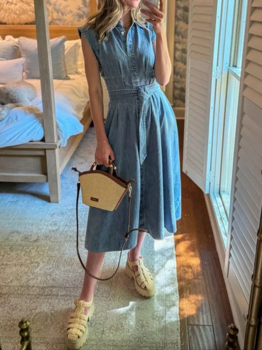 Belted Denim Midi Dress