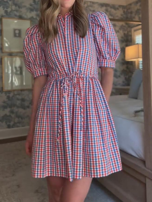 Plaid Bubble Sleeve Mini Dress