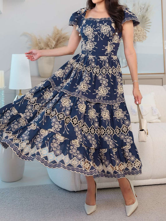 Detachable Sleeve Embroidered Printed Lace Midi Dress