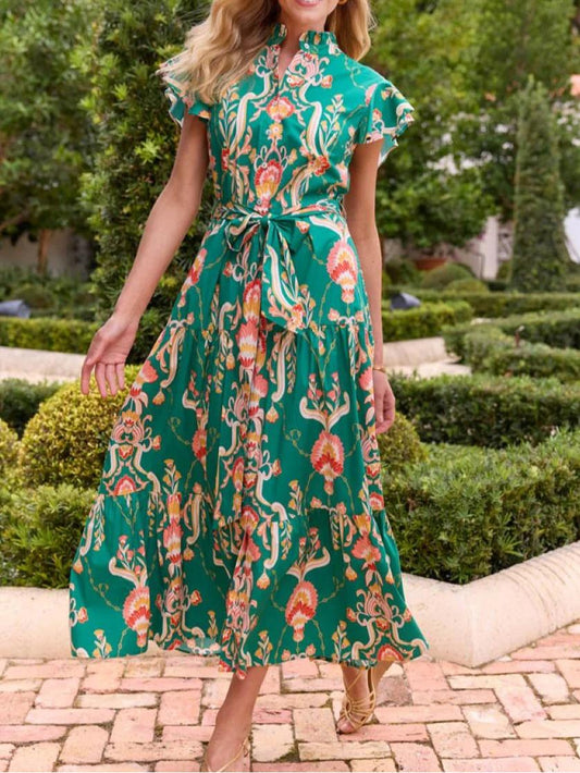 Printed V-neck Belted Maxi Dress