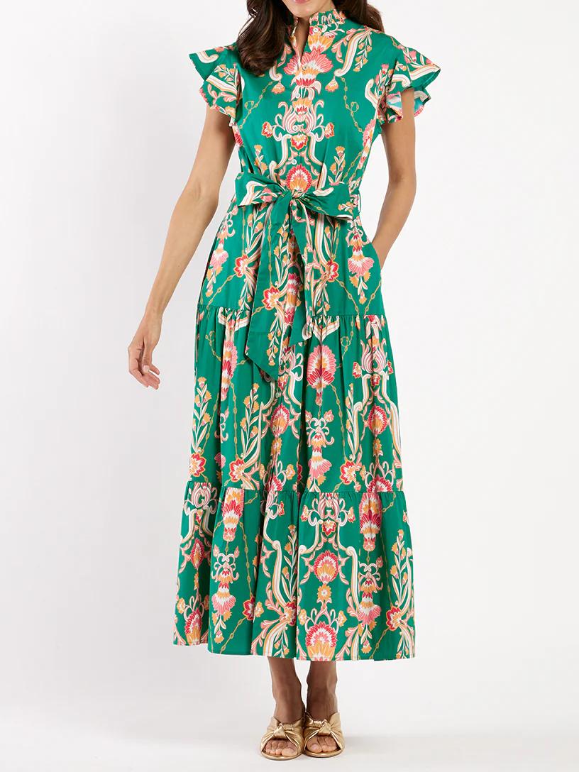 Printed V-neck Belted Maxi Dress