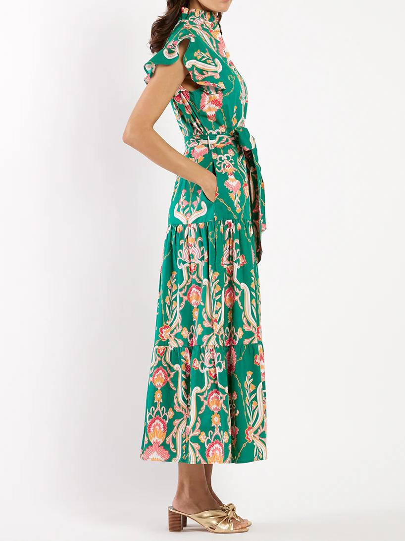 Printed V-neck Belted Maxi Dress