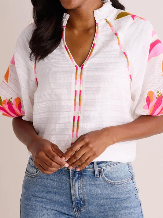 Bubble Sleeve V-Neck Floral Embroidered Top