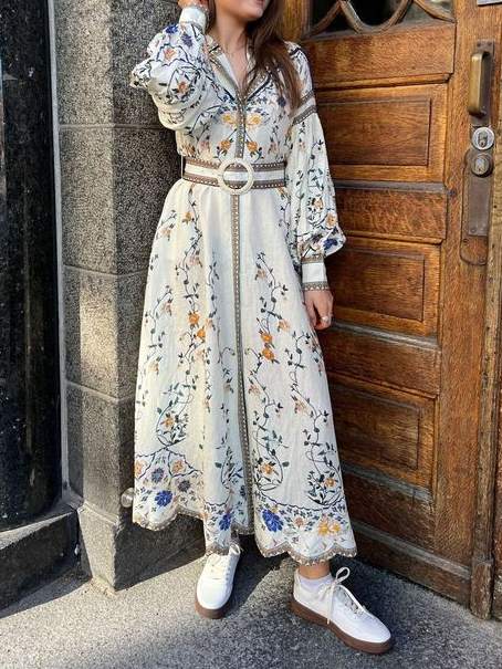Embroidered Printed Belted Dress