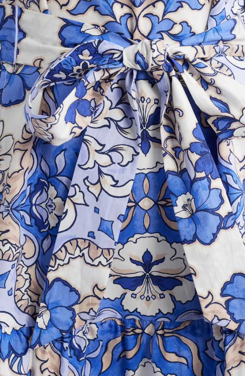 Print Ruffle Tie Waist Puff Sleeve Dress