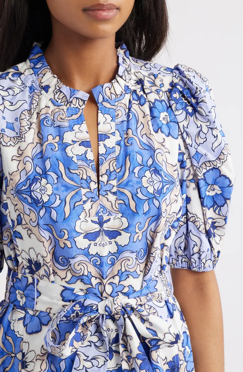 Print Ruffle Tie Waist Puff Sleeve Dress