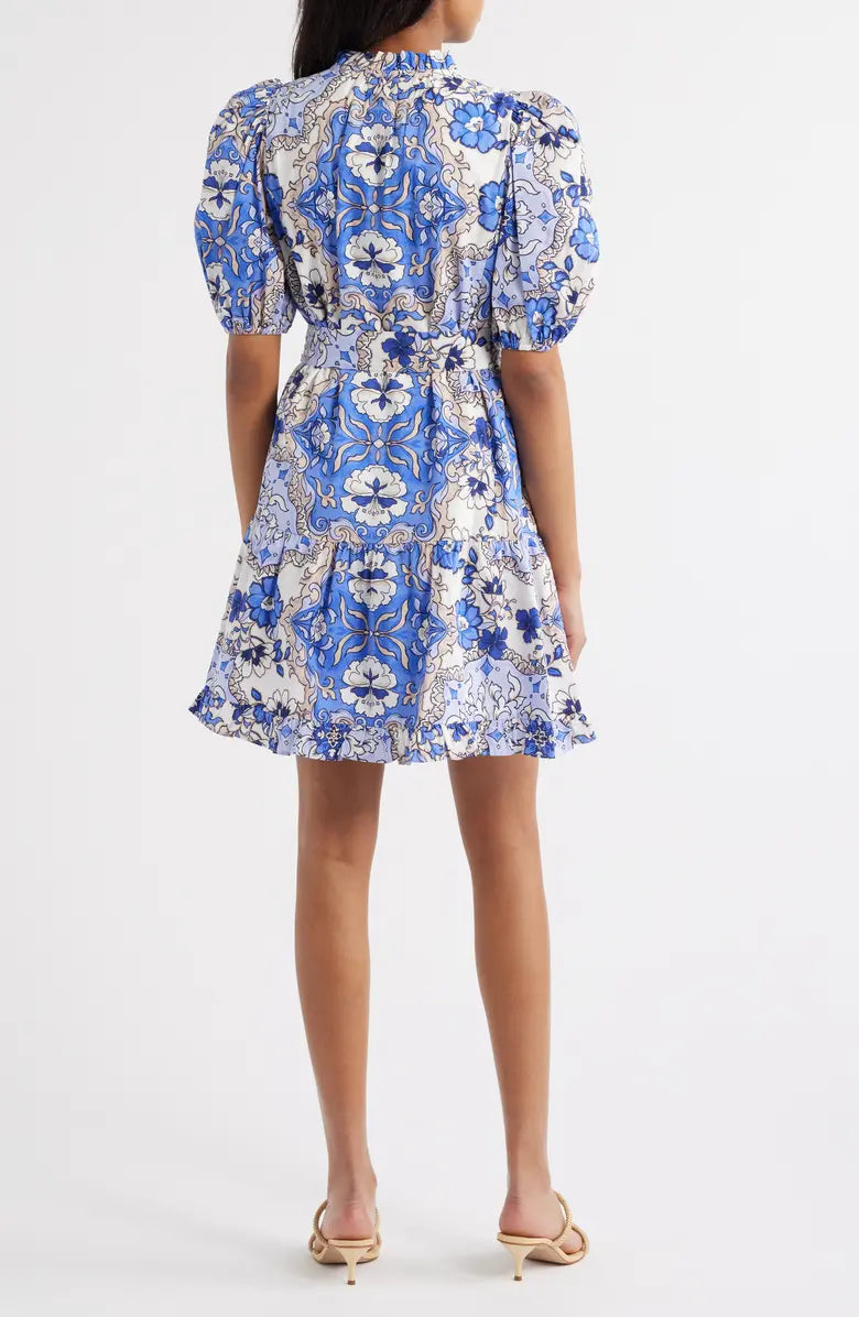 Print Ruffle Tie Waist Puff Sleeve Dress