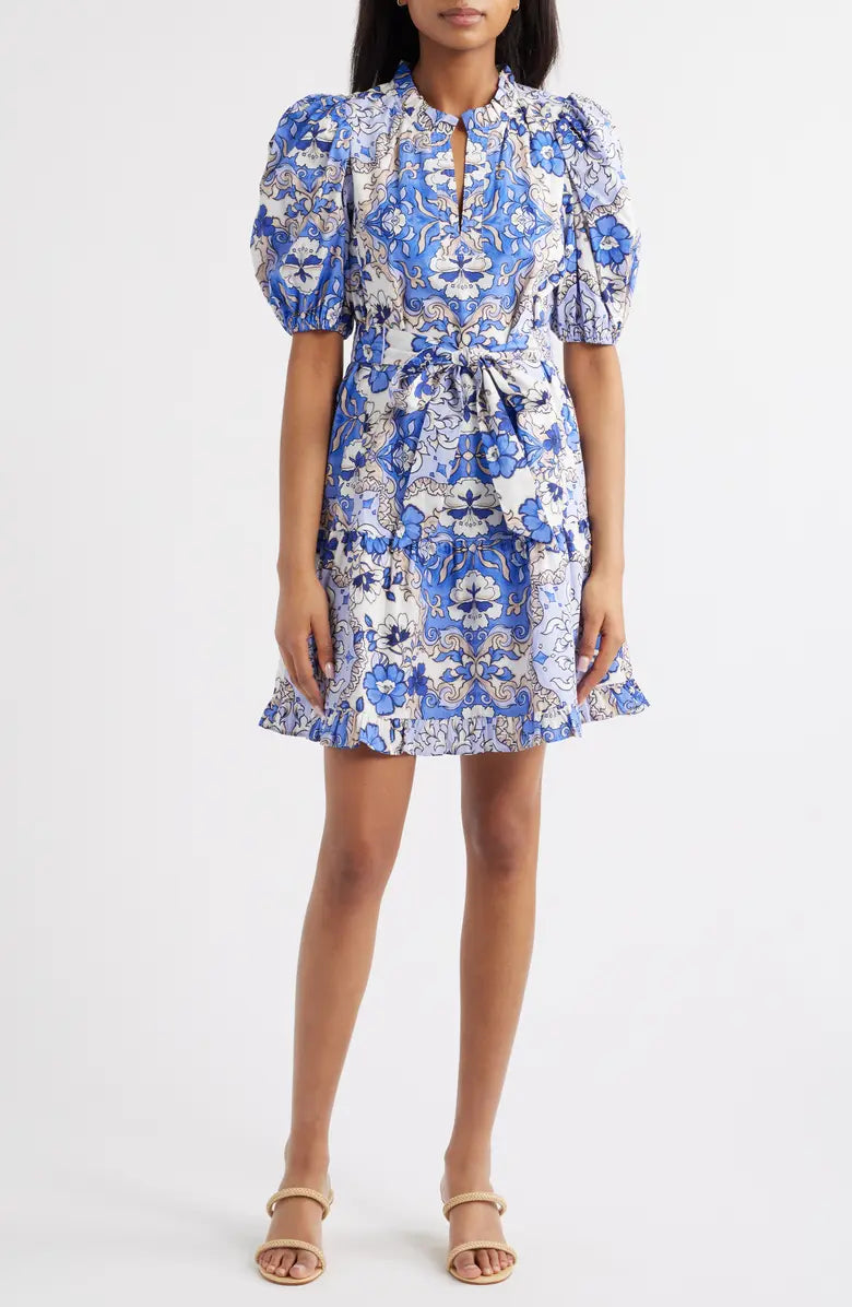 Print Ruffle Tie Waist Puff Sleeve Dress