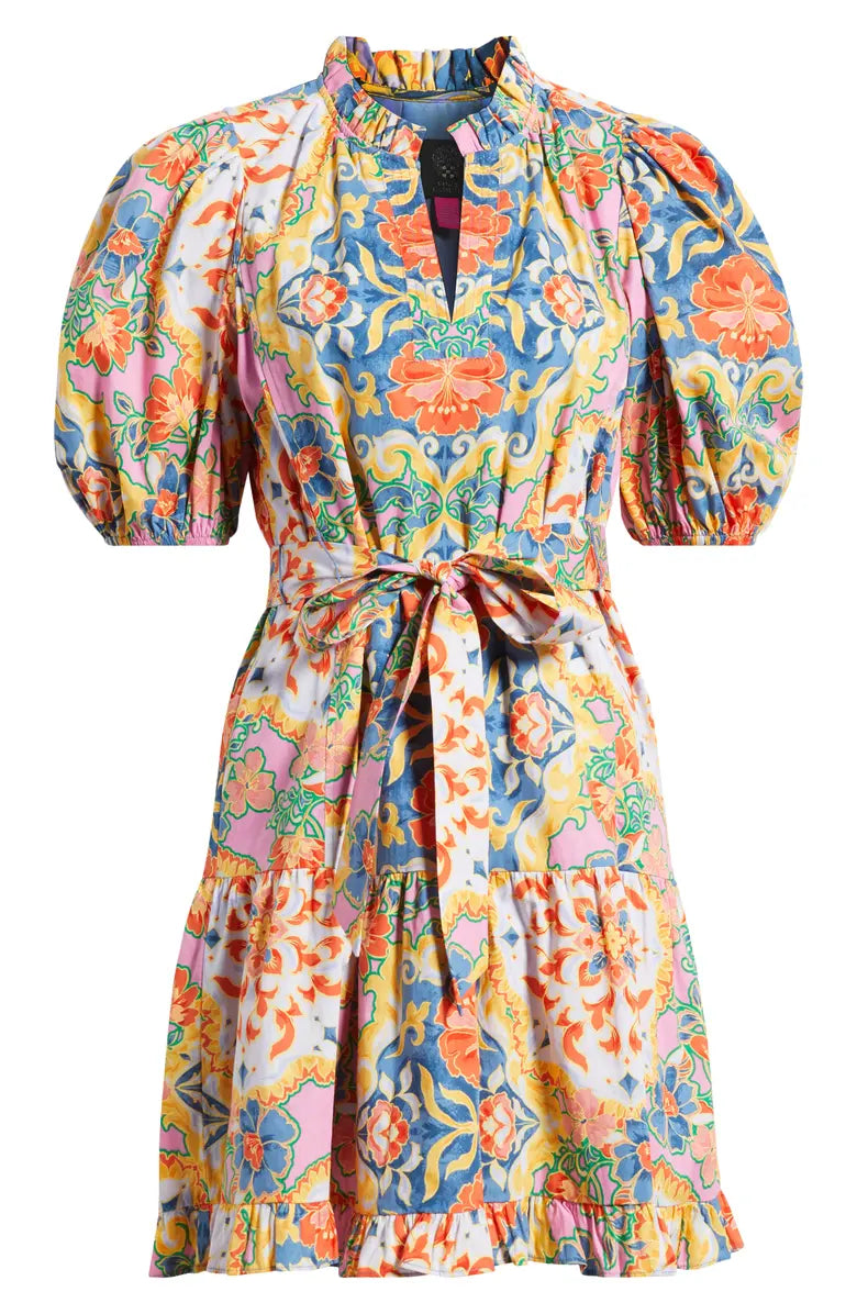 Print Ruffle Tie Waist Puff Sleeve Dress