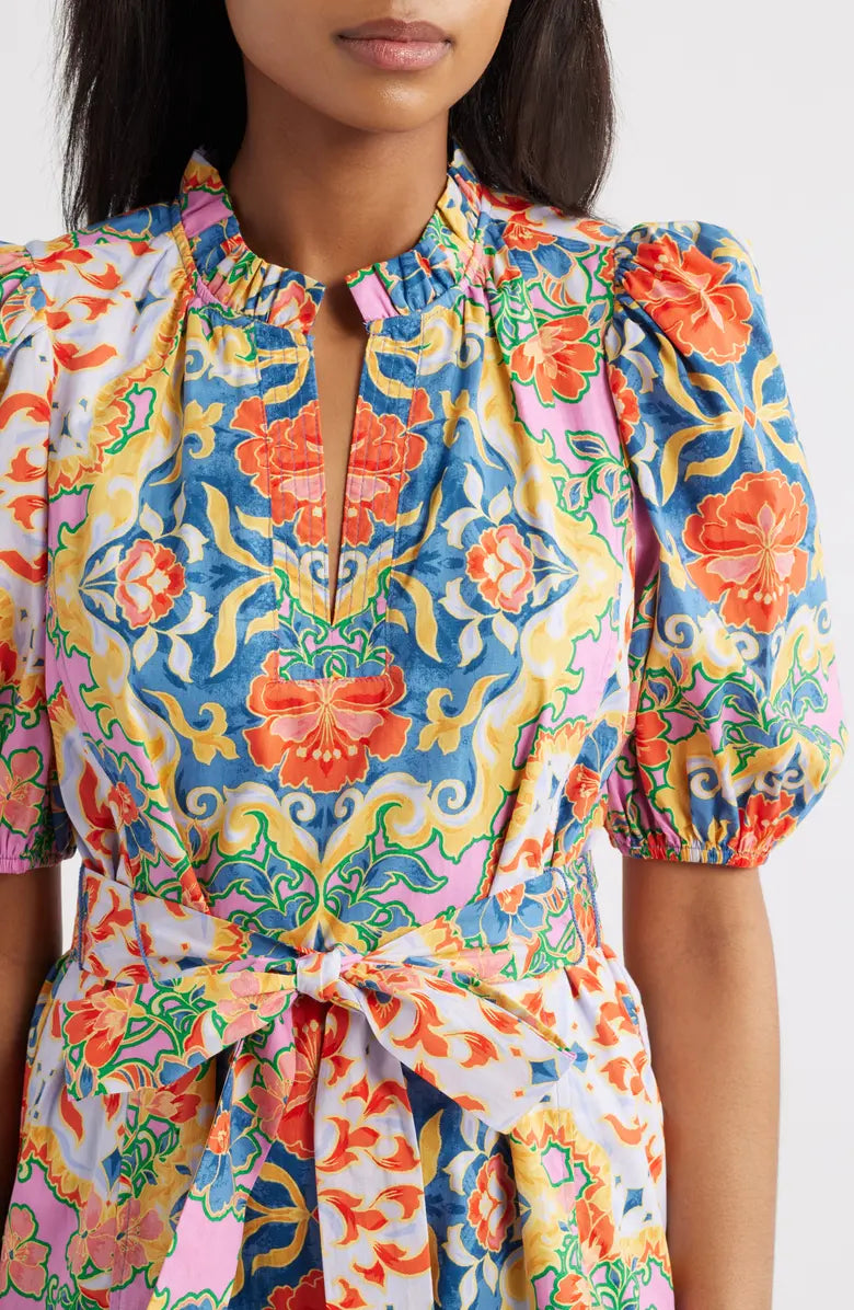 Print Ruffle Tie Waist Puff Sleeve Dress