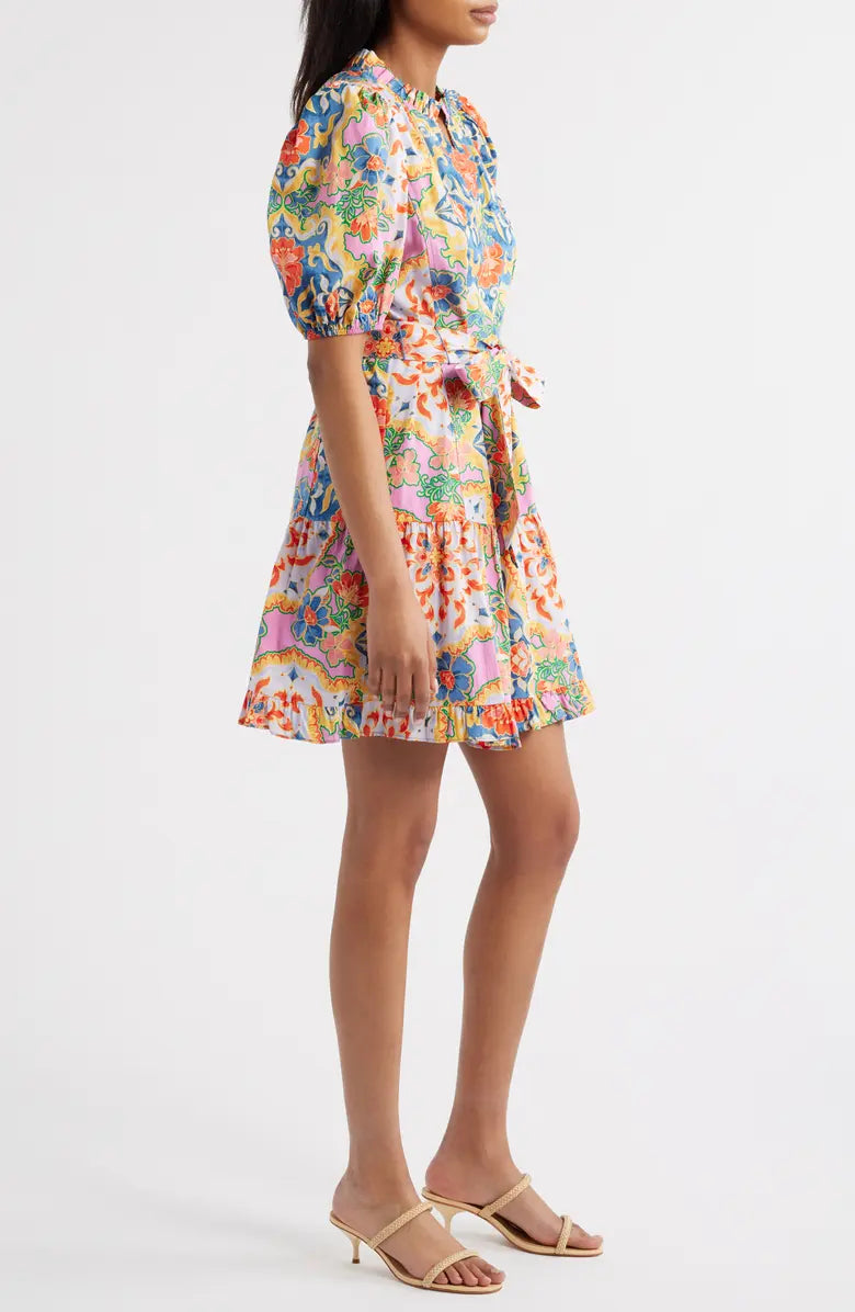 Print Ruffle Tie Waist Puff Sleeve Dress