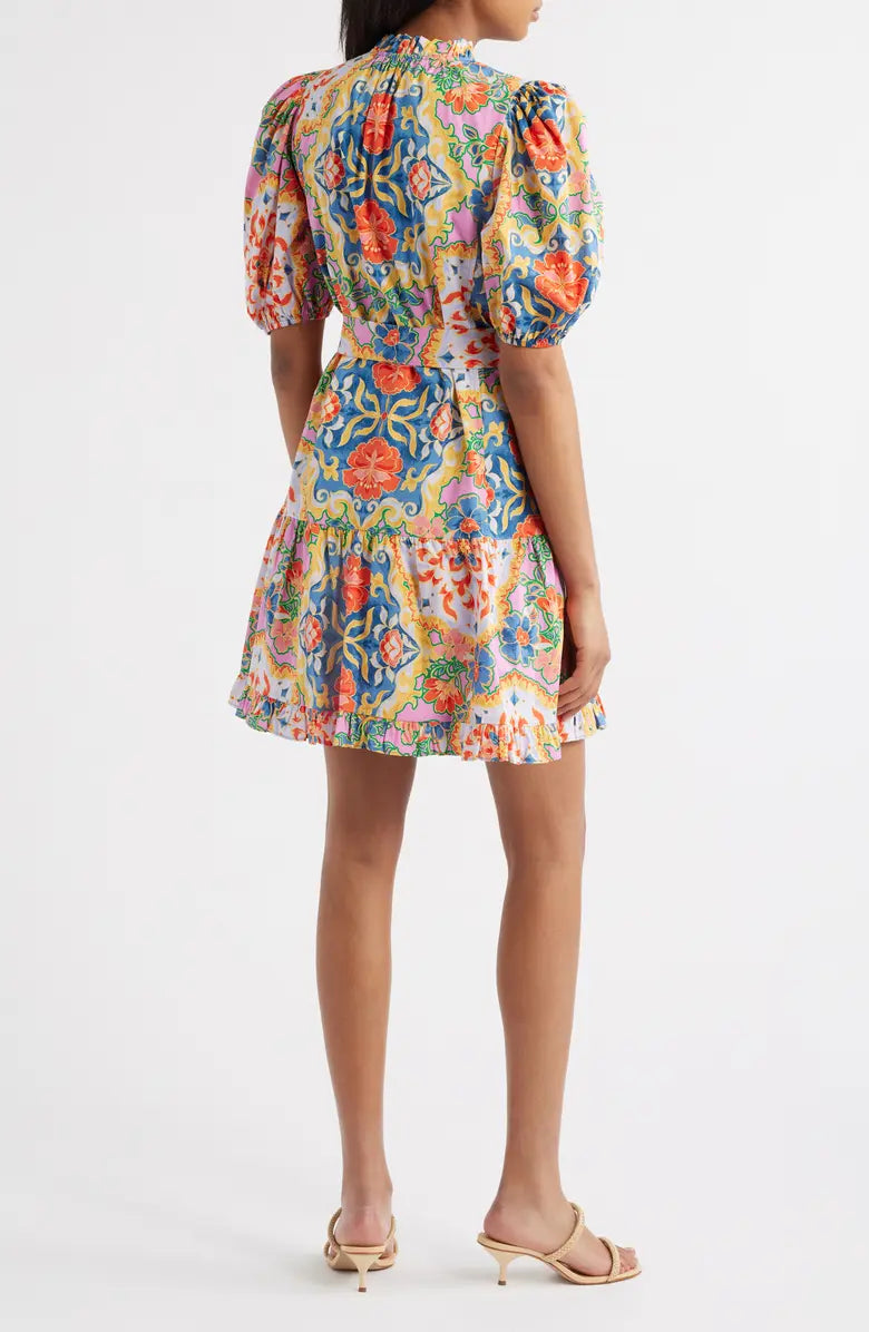 Print Ruffle Tie Waist Puff Sleeve Dress