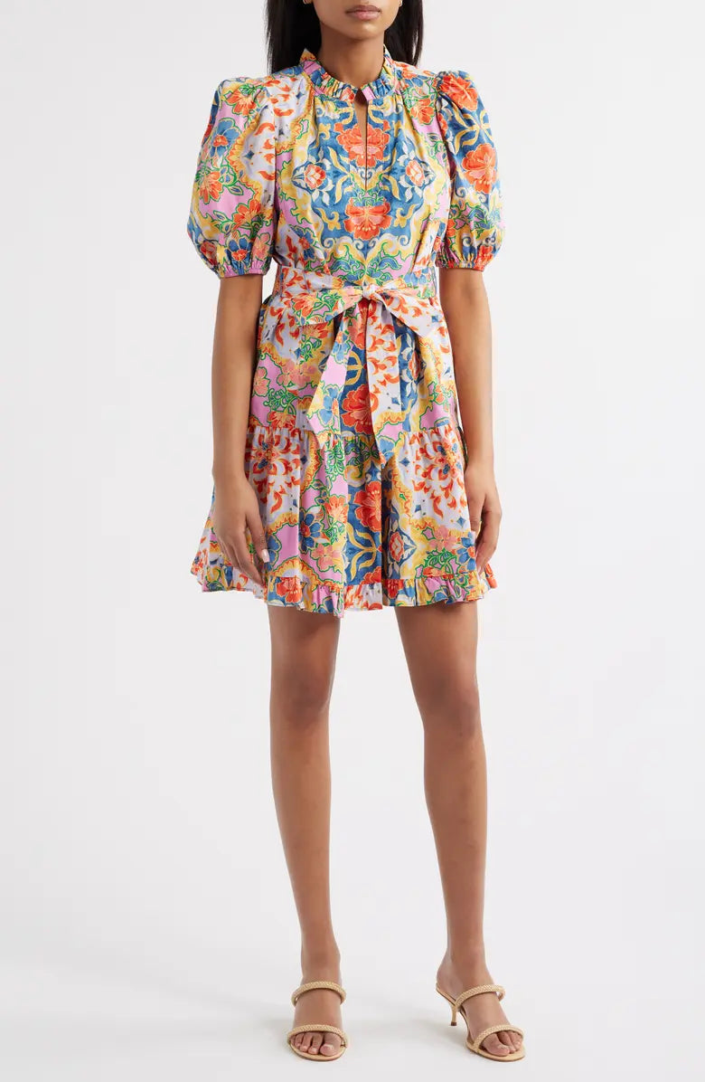 Print Ruffle Tie Waist Puff Sleeve Dress