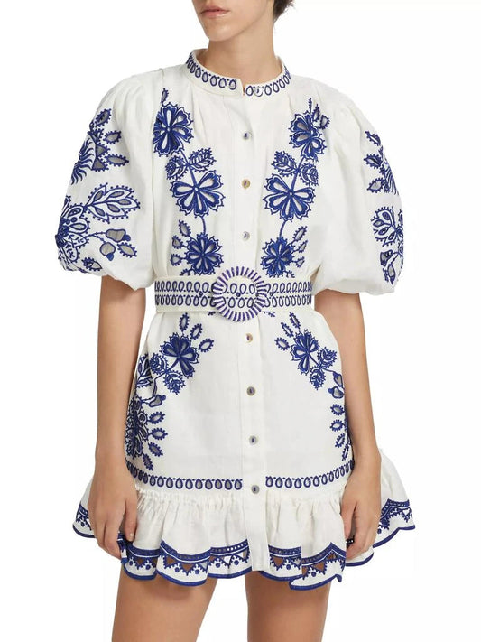 Embroidered Linen Mini Dress