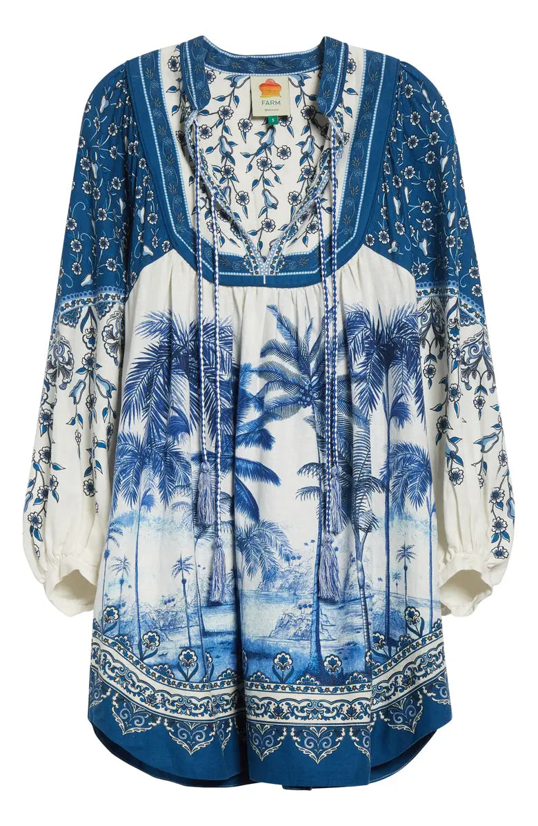Print Linen Blend Tie Front Dress