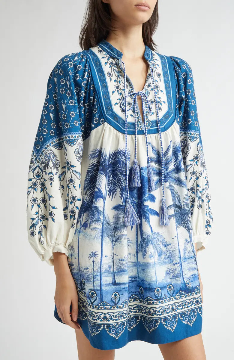 Print Linen Blend Tie Front Dress