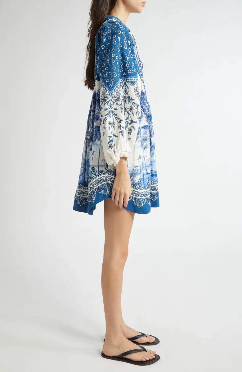Print Linen Blend Tie Front Dress