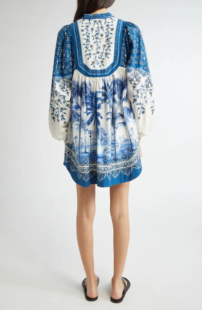 Print Linen Blend Tie Front Dress