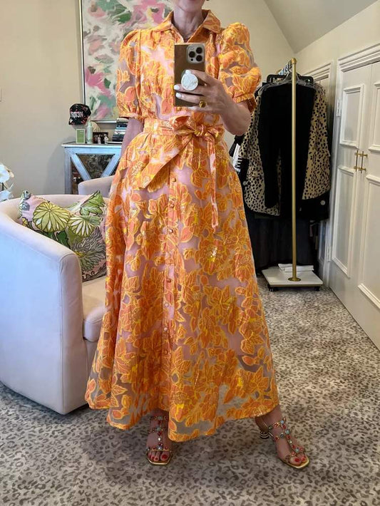 Gold And Orange Floral Print Dress
