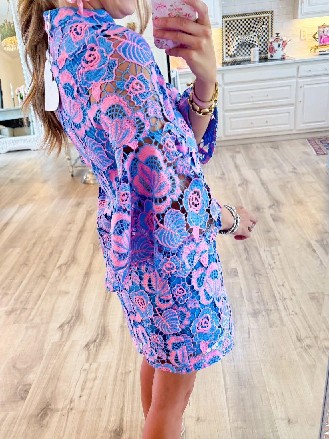 V-neck Bell Sleeve Lace Mini Dress