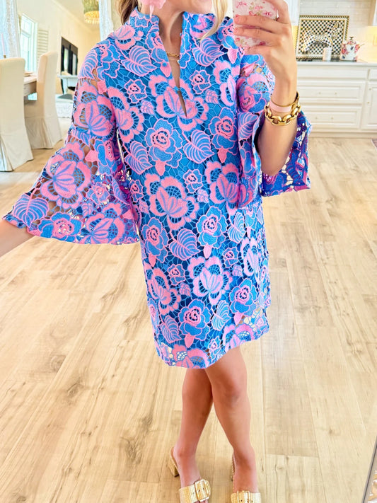 V-neck Bell Sleeve Lace Mini Dress