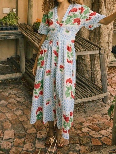 Blue Print Floral Midi Dress