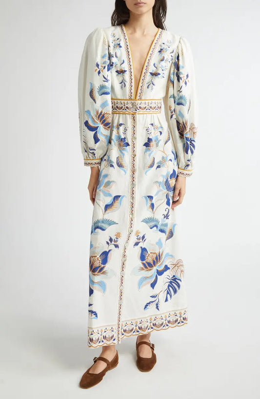 Blue Lotus Placed Print Long Sleeve Linen Blend Dress