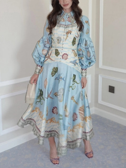 Collar Lantern Sleeve Shirt Dress