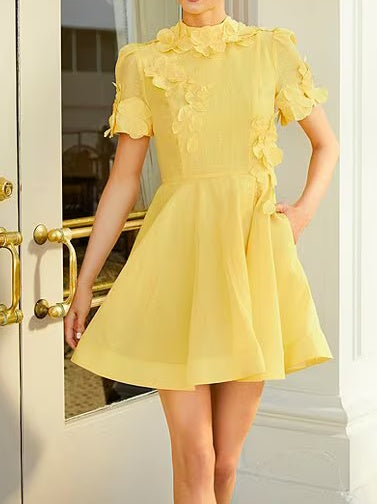 Iris Linen Floral Mockneck Short Sleeve Dress