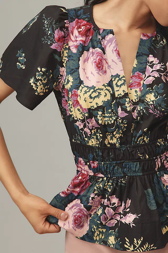 Puff Sleeve V Neck Printed Top