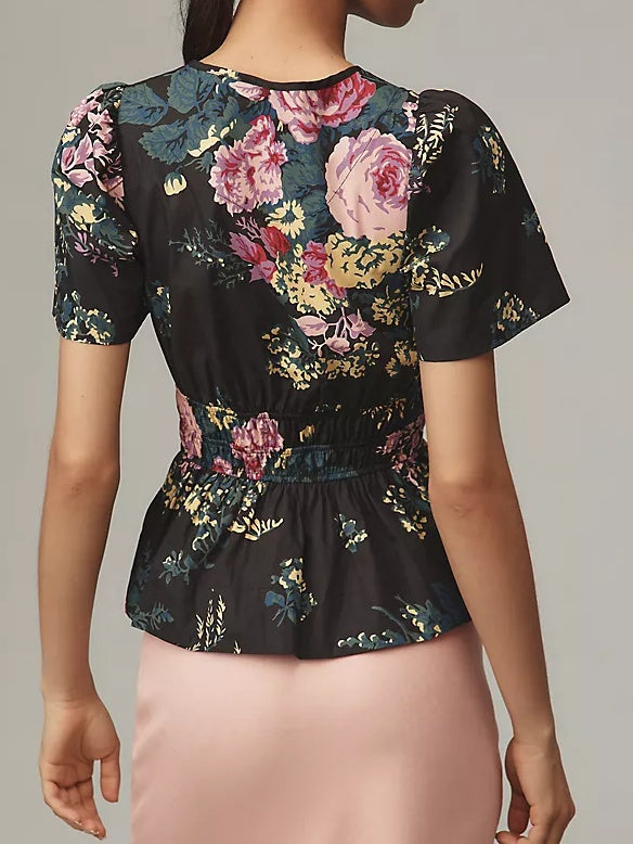 Puff Sleeve V Neck Printed Top