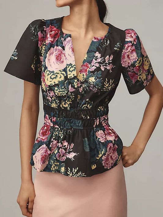 Puff Sleeve V Neck Printed Top