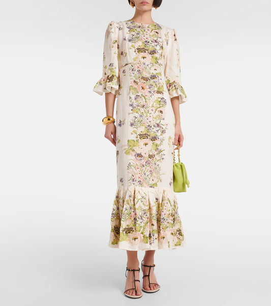 Floral Ruffled Linen Maxi Dress