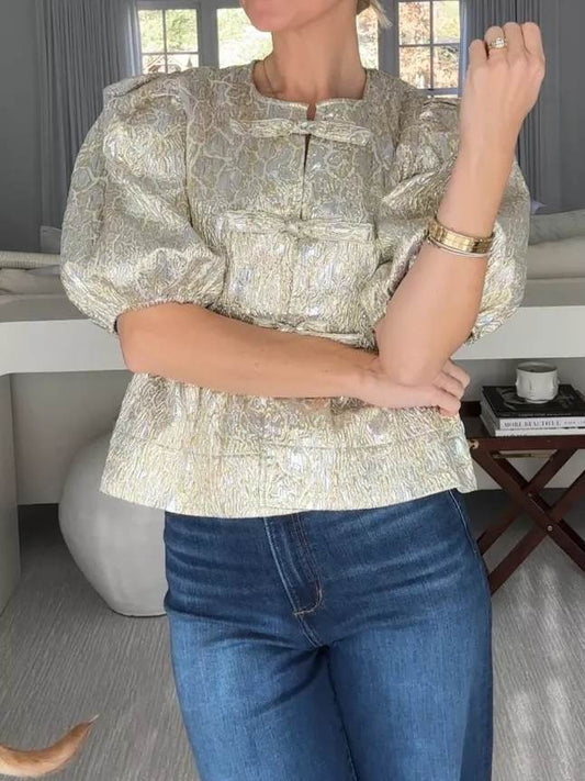 Metallic Bubble Sleeve Lace-Up Top