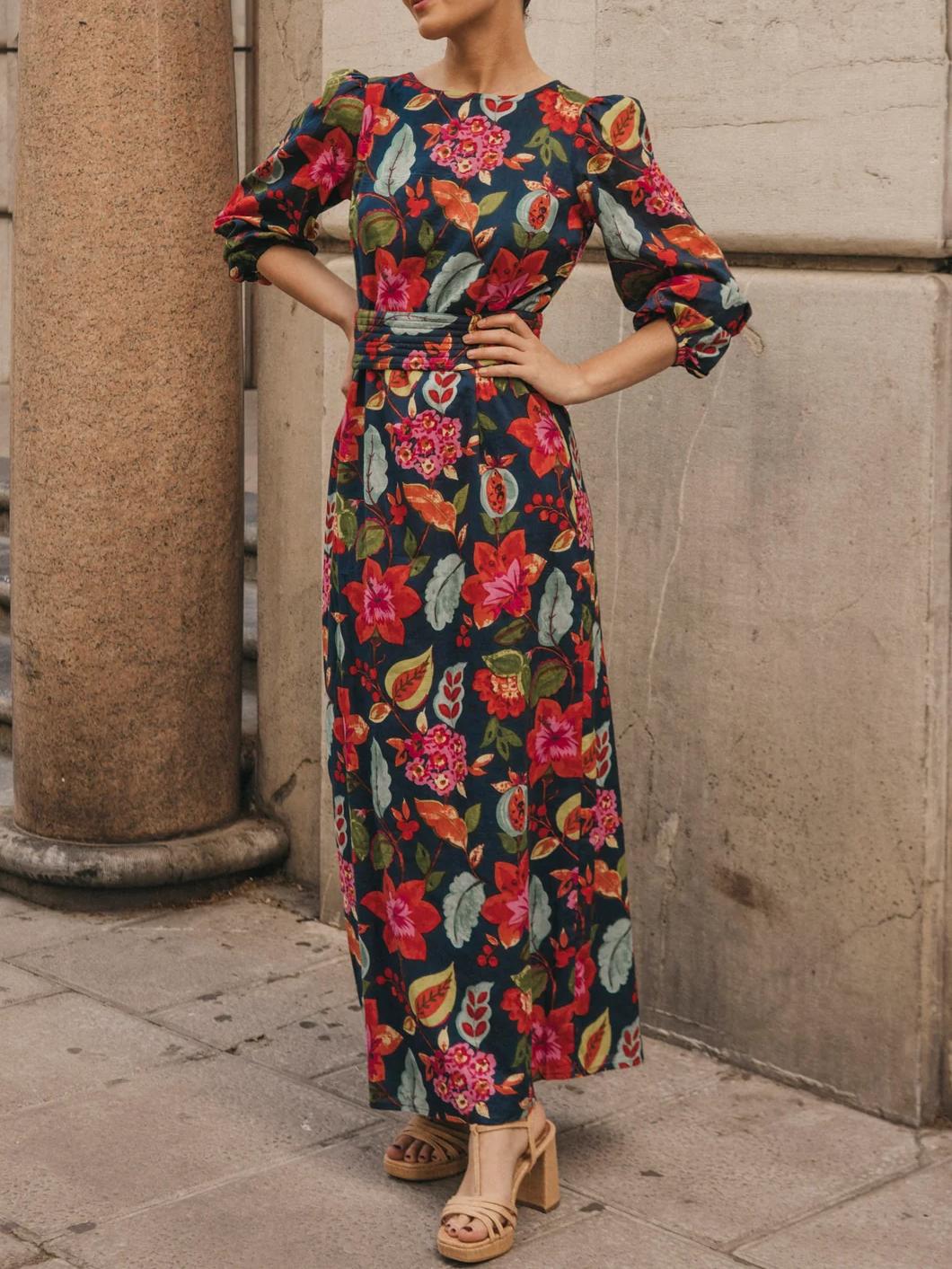 Bubble Sleeve Printed Midi Dress